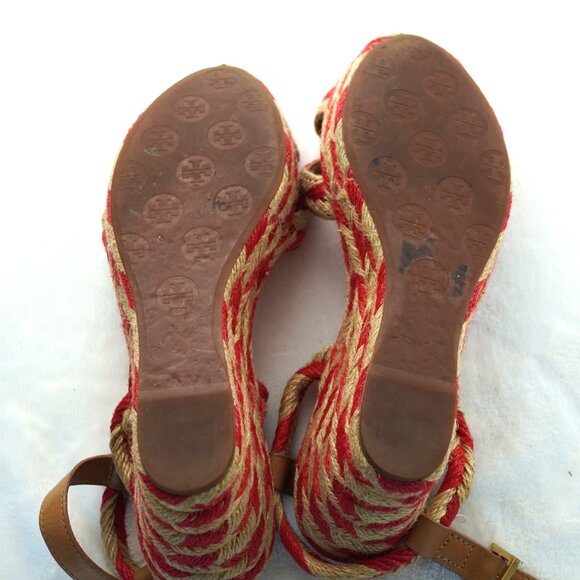 Tory Burch Red Camelia Jute Espadrille‎ Wedge Sandals Size 9.5 - Picture 8 of 8